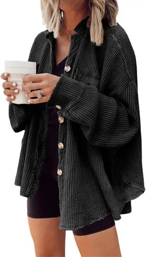 ebossy Womens Long Batwing Sleeve Splicing Cardigan Lightweight Waffle Textured Boyfriend Shirt Jacket Shacket