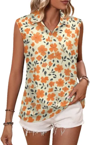 ENLACHIC Women's Golf Shirts Sleeveless Floral Printed Collar V Neck Tank Tops Quick Dry Athletic Tennis Polo Shirt