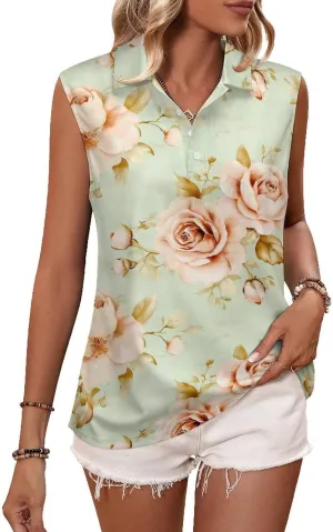 ENLACHIC Women's Golf Shirts Sleeveless Floral Printed Collar V Neck Tank Tops Quick Dry Athletic Tennis Polo Shirt