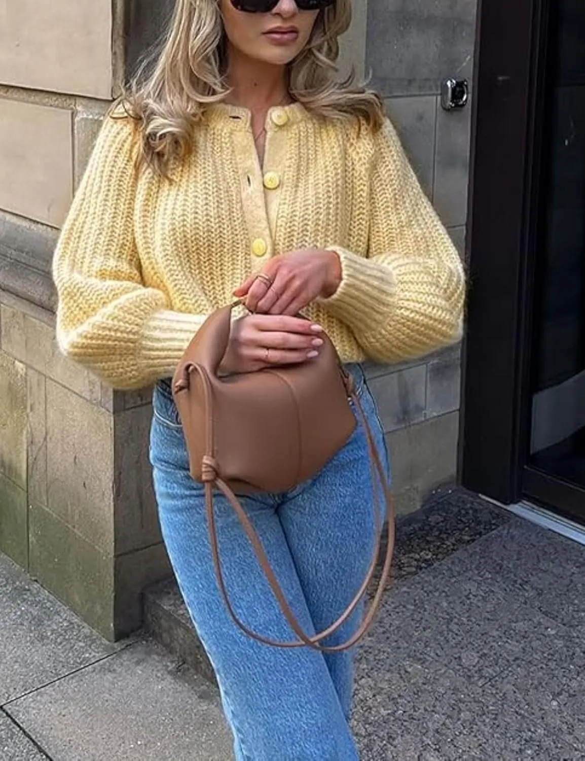Esmeling Womens Long Sleeve Crewneck Sweater Cardigans Fall Casual Solid Chunky Knit Coat