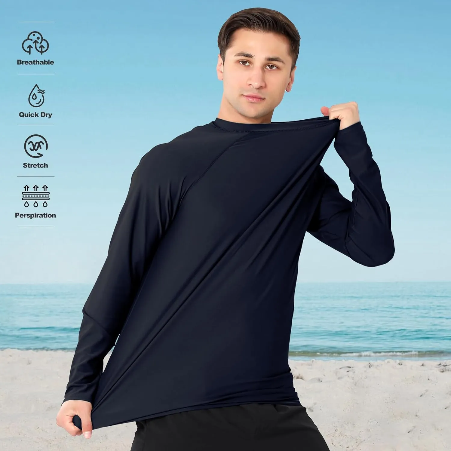 ESTAMICO 2 Pack Men Rash Guard Quick Dry Long Sleeve Swim Shirts UPF 50  UV Sun Protection Swim Tee