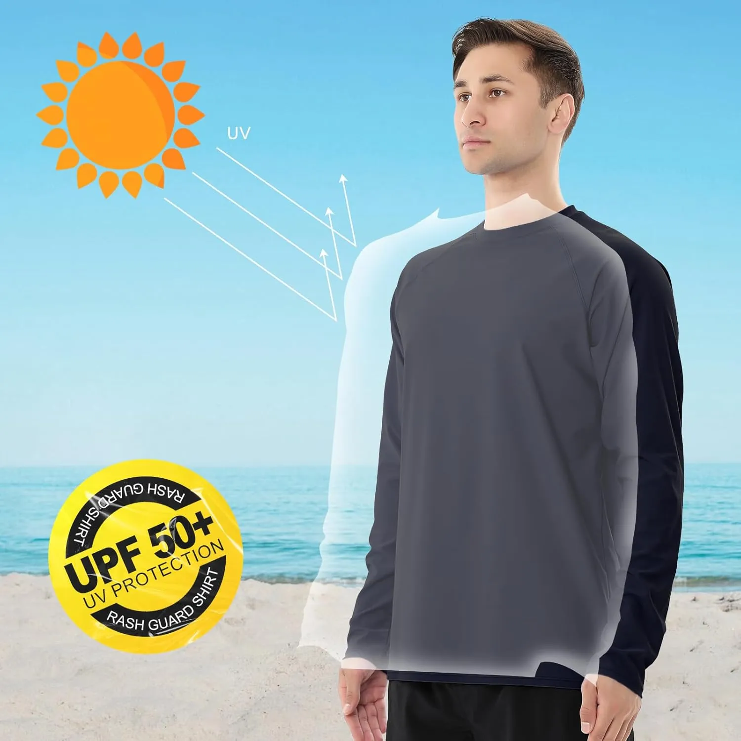 ESTAMICO 2 Pack Men Rash Guard Quick Dry Long Sleeve Swim Shirts UPF 50  UV Sun Protection Swim Tee