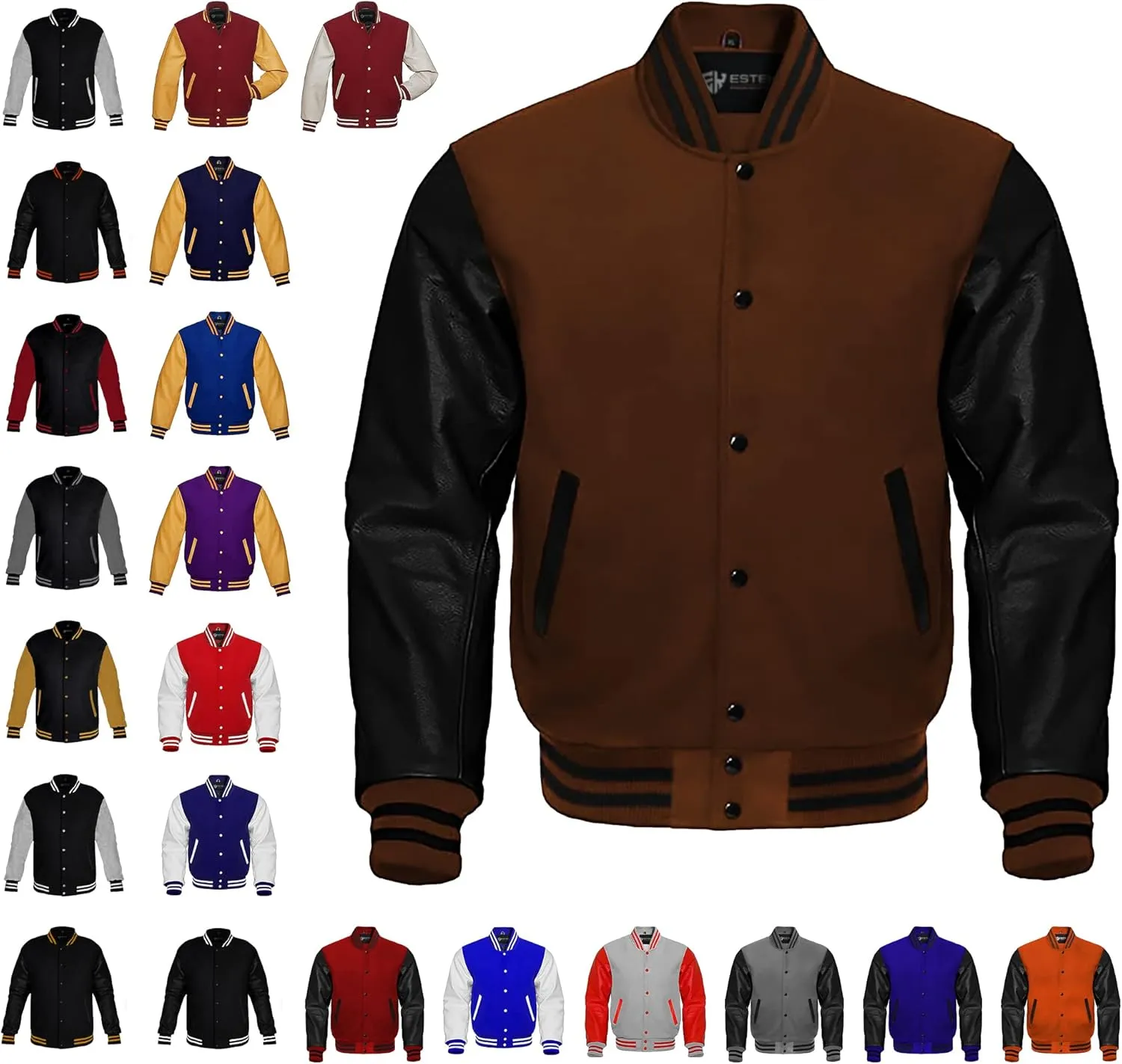 ESTEK Letterman Jackets Premium men's Varsity Jacket for School College Baseball Bomber Jacket with Genuine Leather Sleeves
