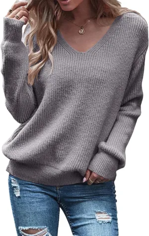 Eurivicy Women's Long Sleeve V Neck Pullover Tops Oversized Chunky Knitted Loose Jumper Sweaters