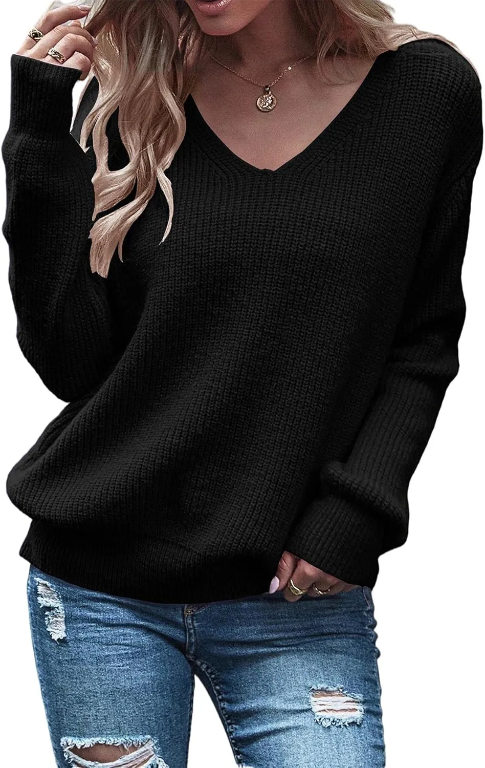 Eurivicy Women's Long Sleeve V Neck Pullover Tops Oversized Chunky Knitted Loose Jumper Sweaters