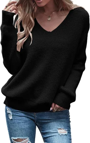 Eurivicy Women's Long Sleeve V Neck Pullover Tops Oversized Chunky Knitted Loose Jumper Sweaters