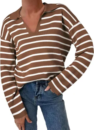 EVALESS Sweaters for Women Long Sleeve V Neck Striped Knit Drop Shoulder Fall Jumper 2025 Henley Pullover