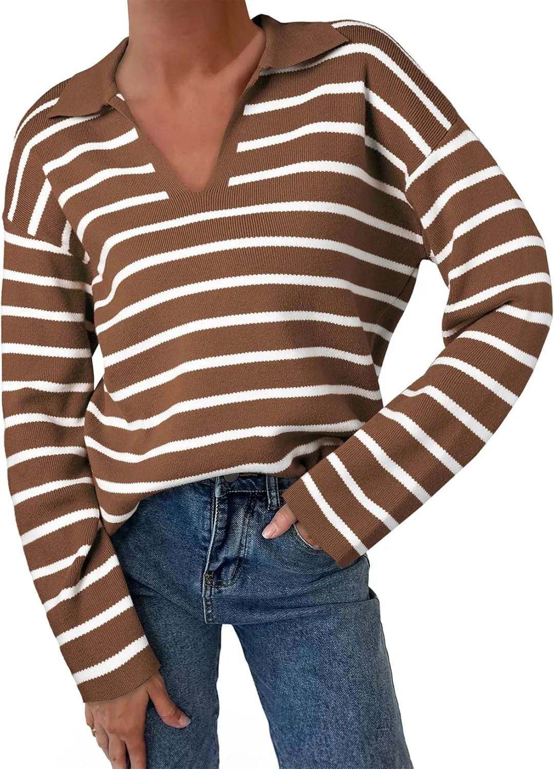 EVALESS Sweaters for Women Long Sleeve V Neck Striped Knit Drop Shoulder Fall Jumper 2025 Henley Pullover