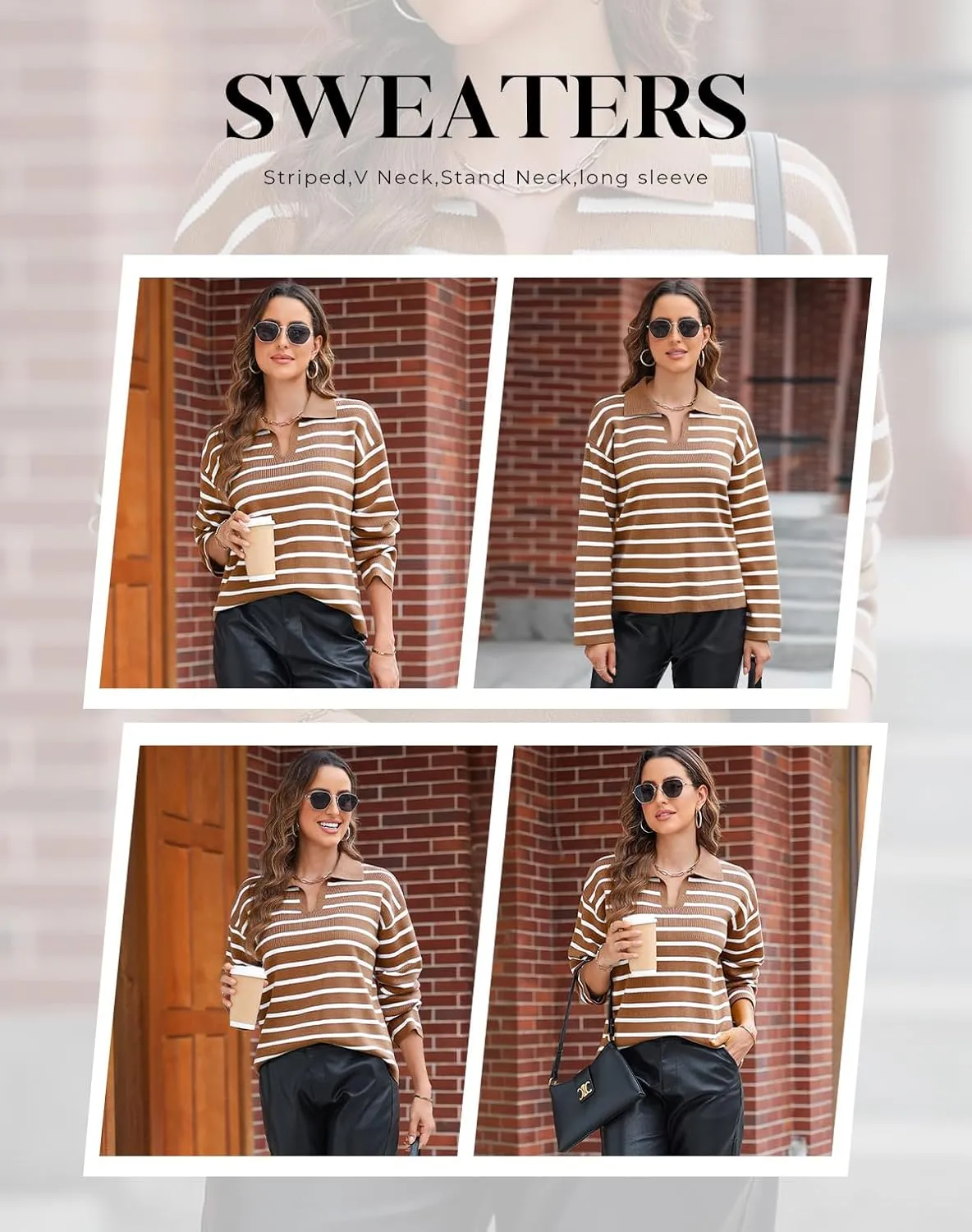 EVALESS Sweaters for Women Long Sleeve V Neck Striped Knit Drop Shoulder Fall Jumper 2025 Henley Pullover