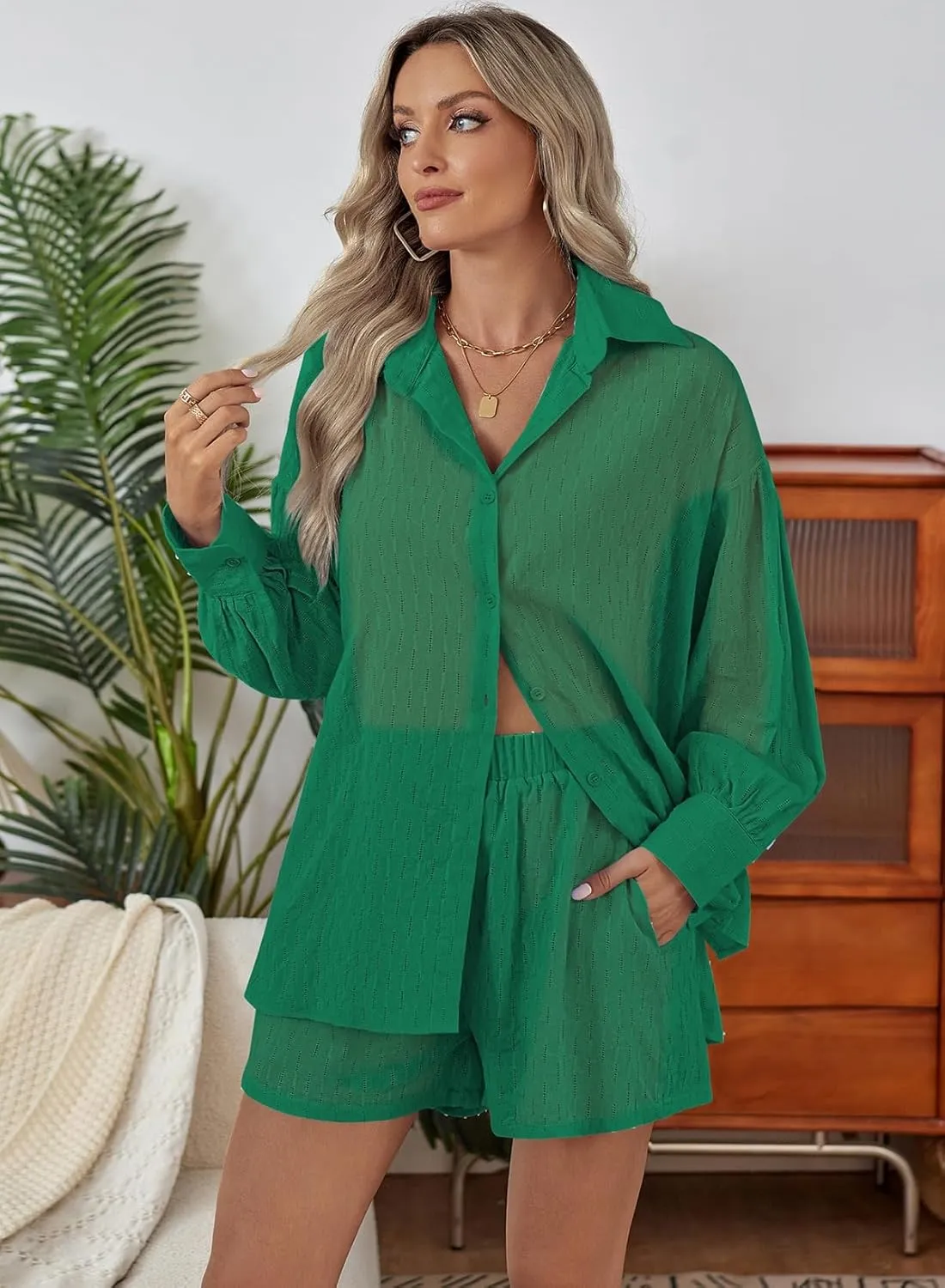 Fixmatti 2 Piece Outfits Long Sleeve Button Down Shirt and Shorts Sweatsuit Lounge Sets