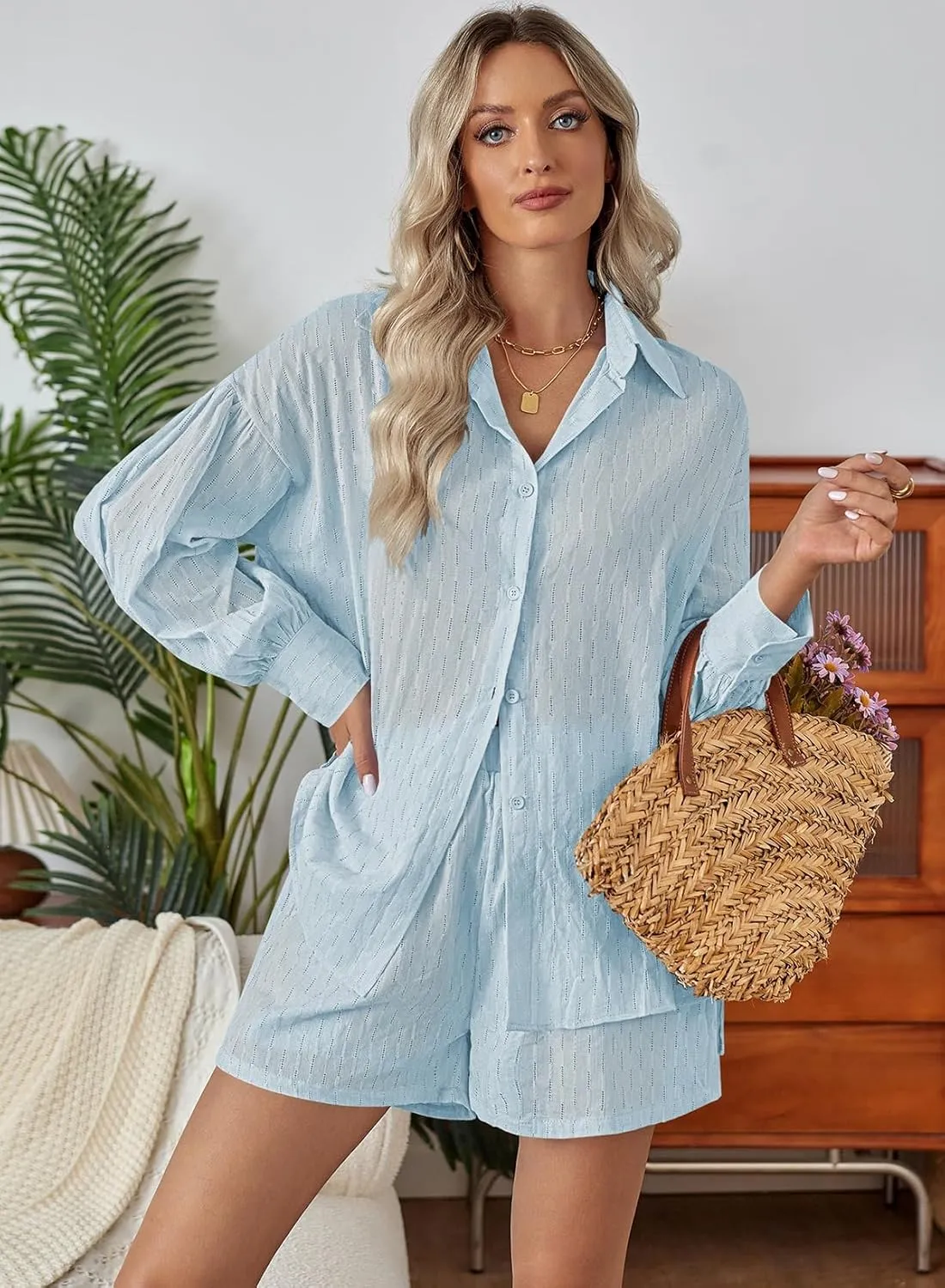 Fixmatti 2 Piece Outfits Long Sleeve Button Down Shirt and Shorts Sweatsuit Lounge Sets