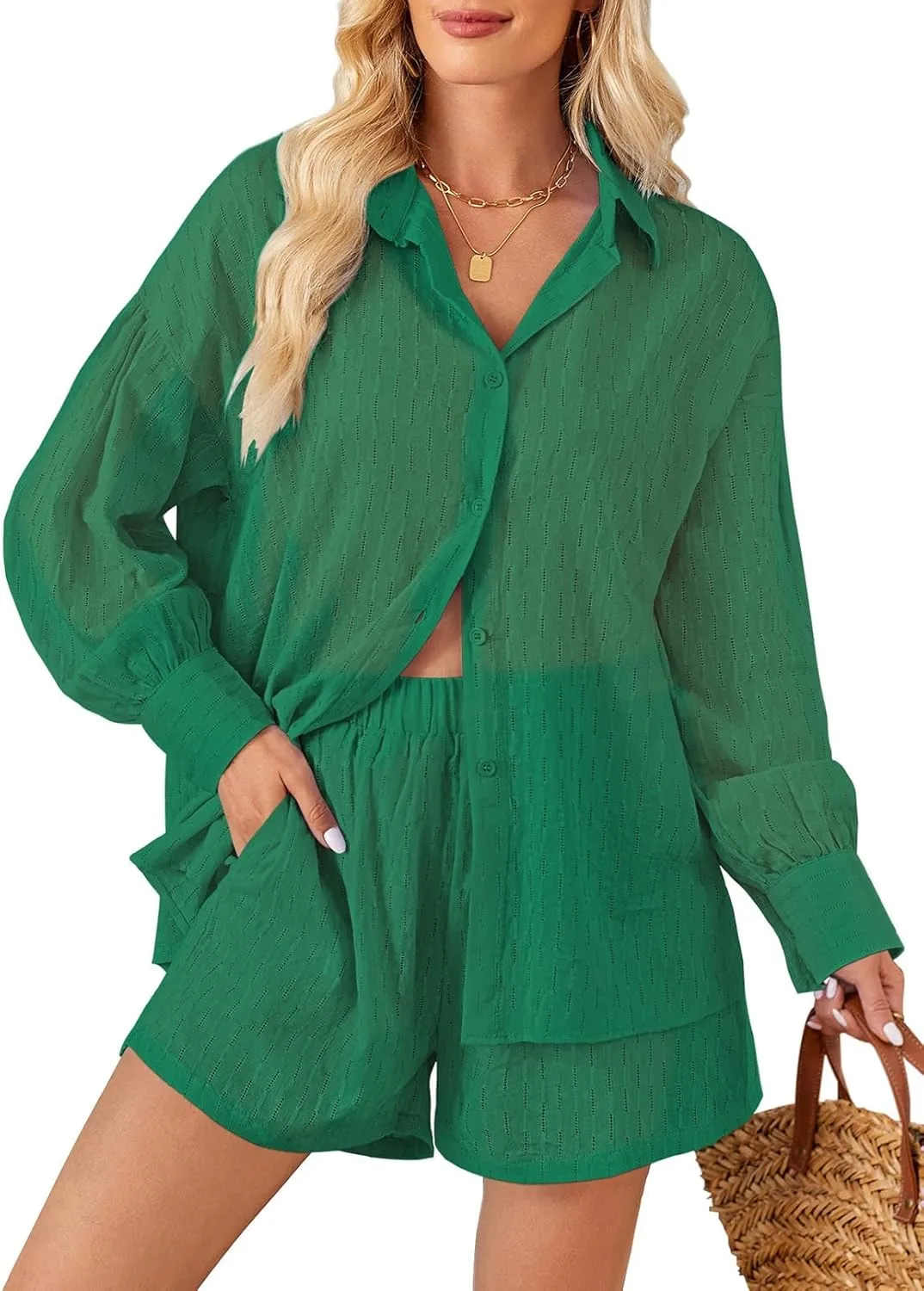 Fixmatti 2 Piece Outfits Long Sleeve Button Down Shirt and Shorts Sweatsuit Lounge Sets