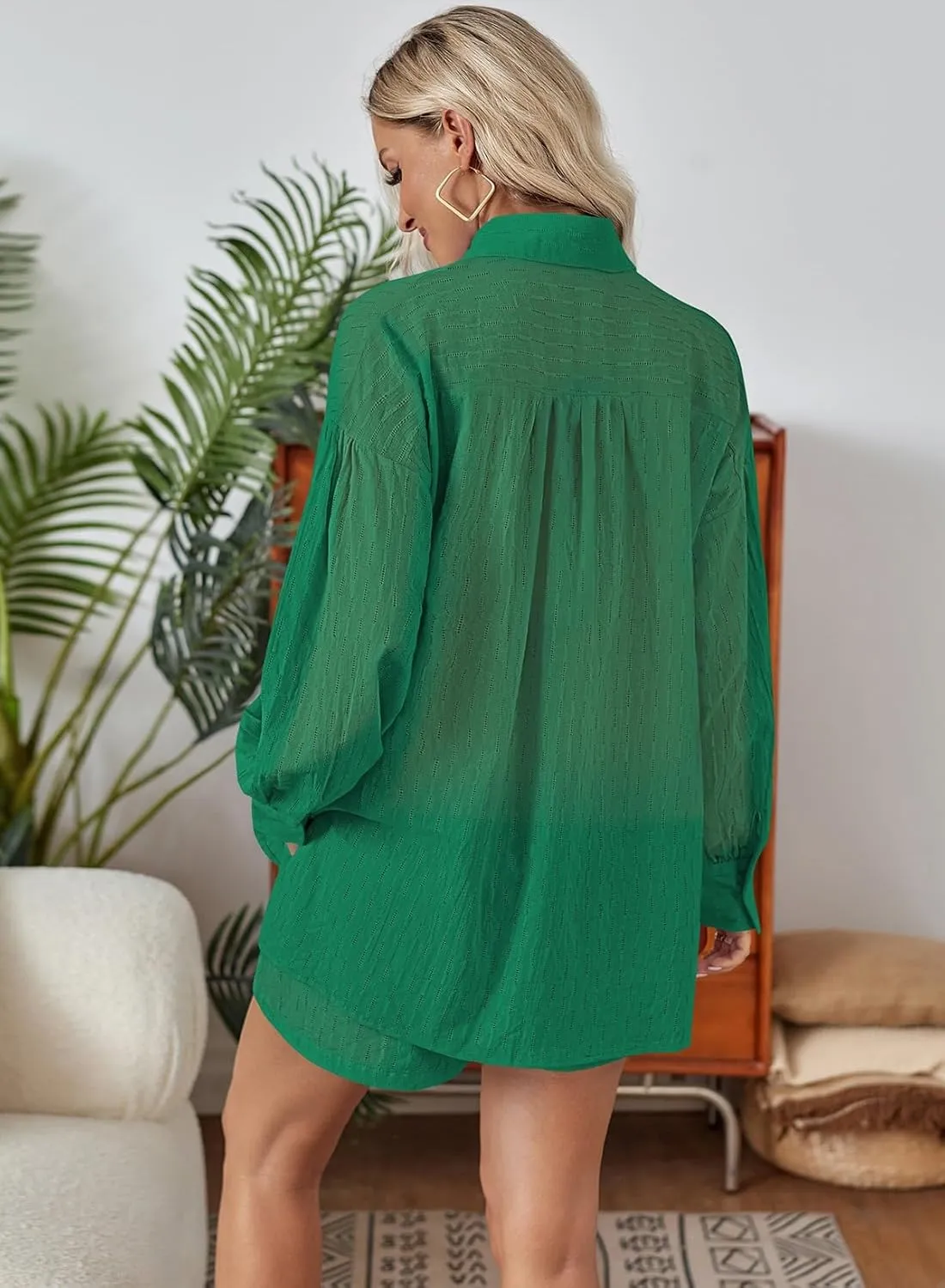 Fixmatti 2 Piece Outfits Long Sleeve Button Down Shirt and Shorts Sweatsuit Lounge Sets
