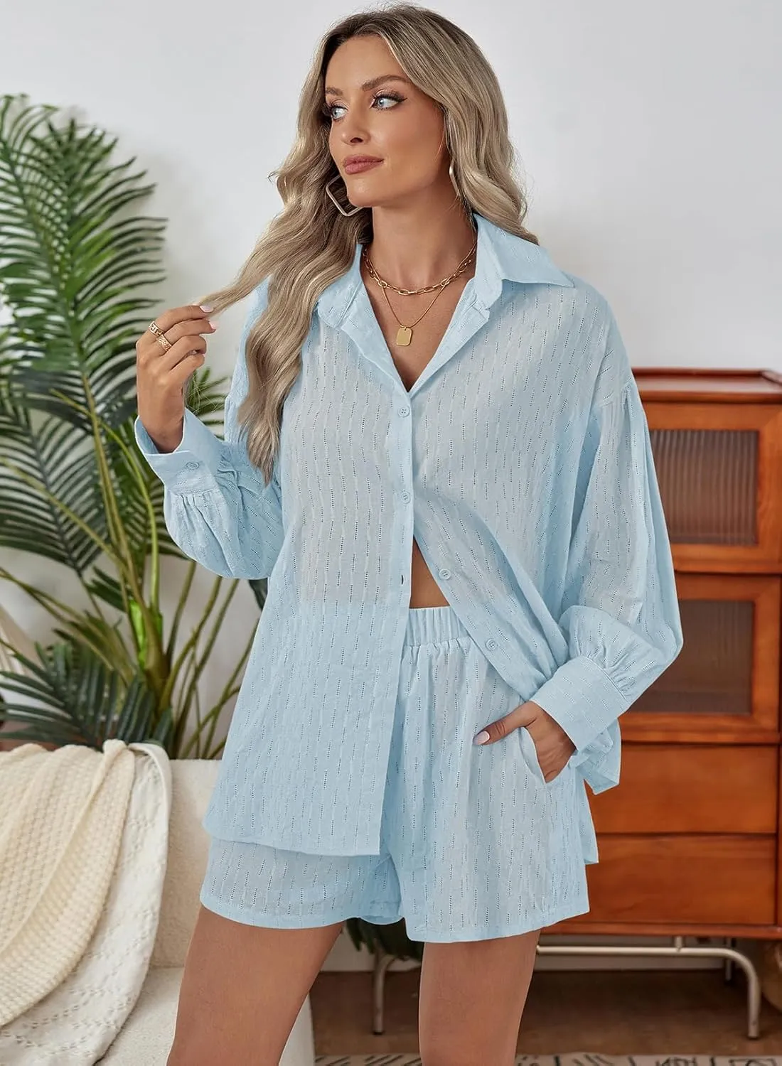 Fixmatti 2 Piece Outfits Long Sleeve Button Down Shirt and Shorts Sweatsuit Lounge Sets
