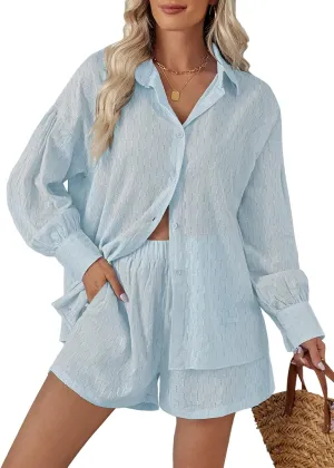 Fixmatti 2 Piece Outfits Long Sleeve Button Down Shirt and Shorts Sweatsuit Lounge Sets