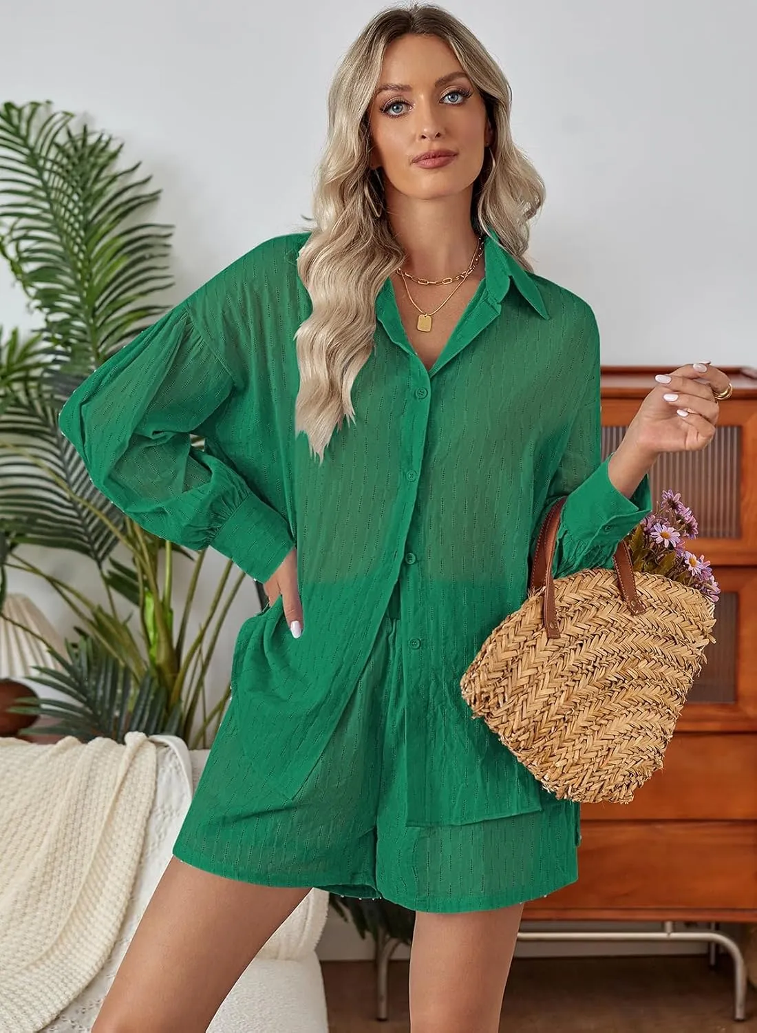 Fixmatti 2 Piece Outfits Long Sleeve Button Down Shirt and Shorts Sweatsuit Lounge Sets