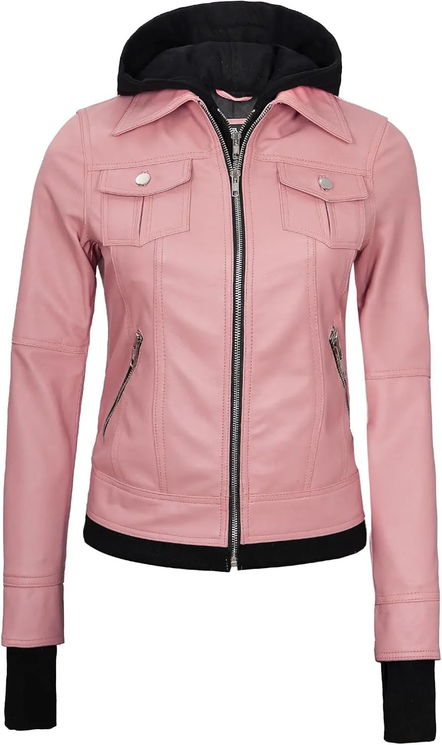 fjackets Leather Jackets For Women - Removable Hood & Bomber Real Lambskin Leather Jacket Womens