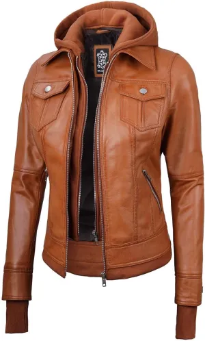fjackets Leather Jackets For Women - Removable Hood & Bomber Real Lambskin Leather Jacket Womens