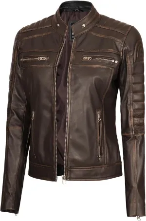 fjackets Real Leather Jacket Women - Cafe Racer Natural Grain Stand Collar Womens Leather Jackets