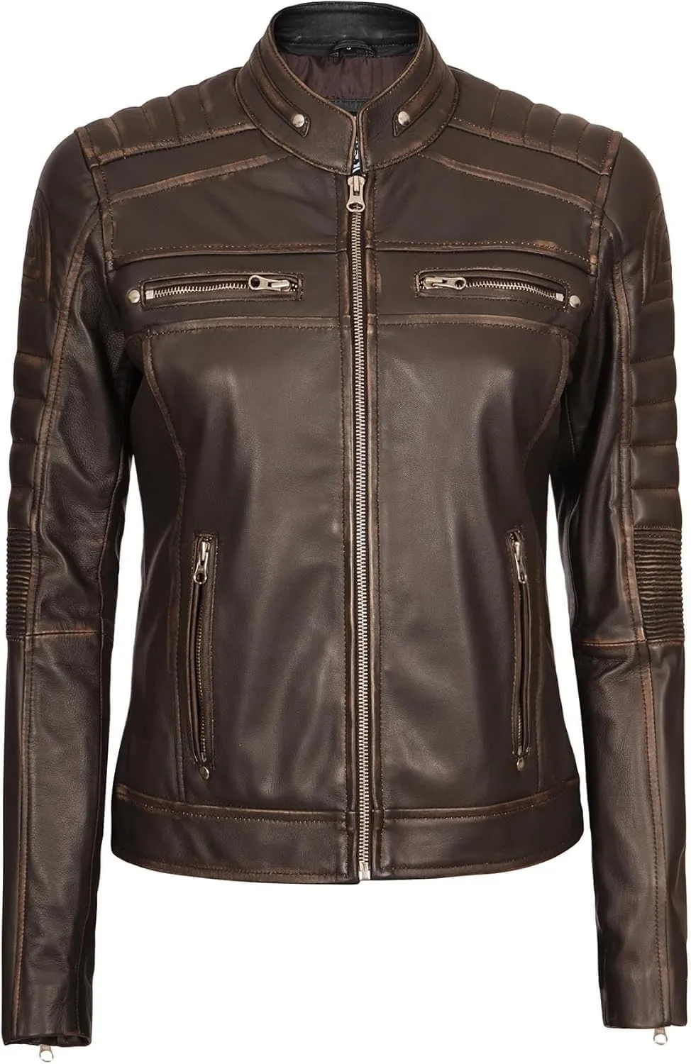 fjackets Real Leather Jacket Women - Cafe Racer Natural Grain Stand Collar Womens Leather Jackets