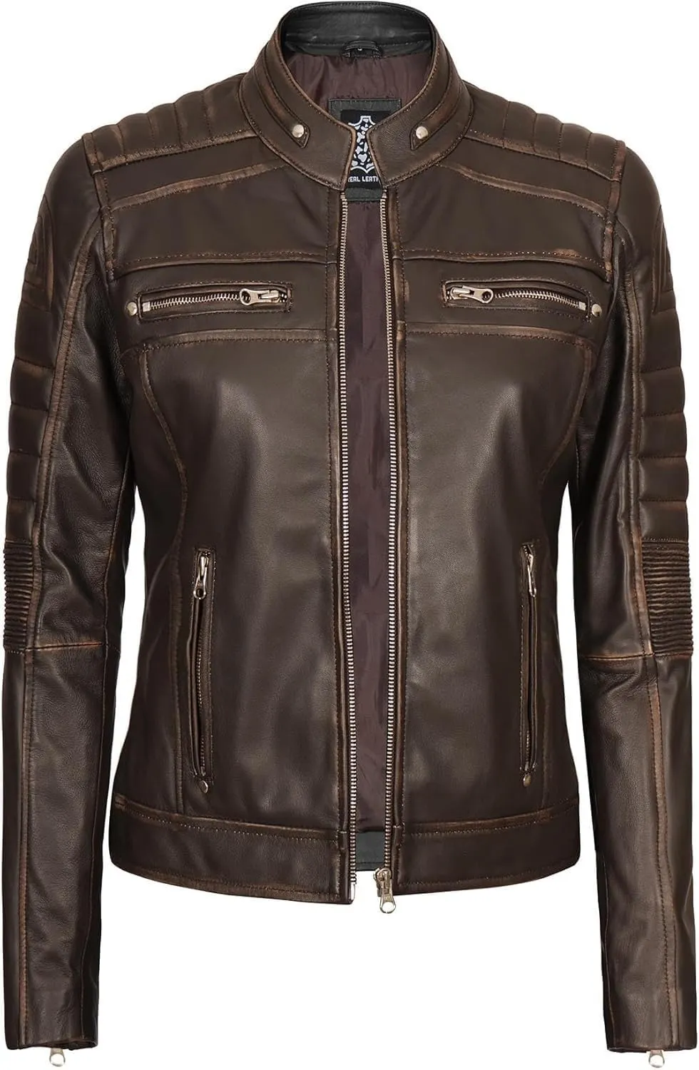 fjackets Real Leather Jacket Women - Cafe Racer Natural Grain Stand Collar Womens Leather Jackets