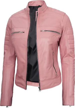 fjackets Real Leather Jacket Women - Cafe Racer Natural Grain Stand Collar Womens Leather Jackets