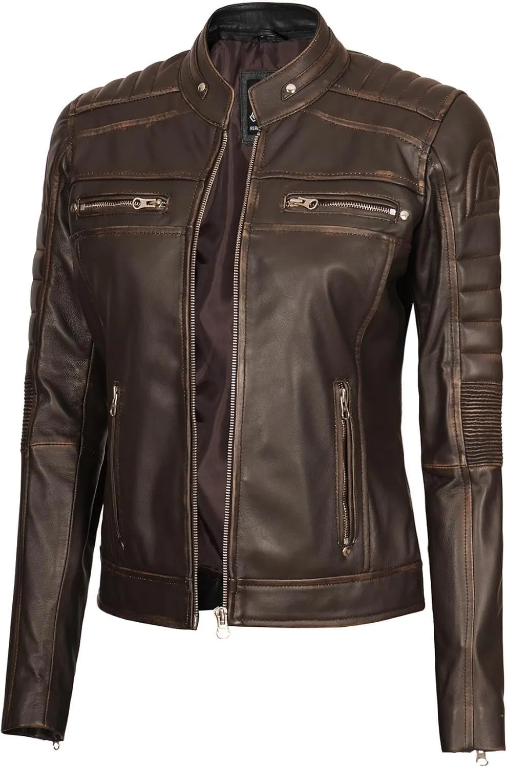 fjackets Real Leather Jacket Women - Cafe Racer Natural Grain Stand Collar Womens Leather Jackets