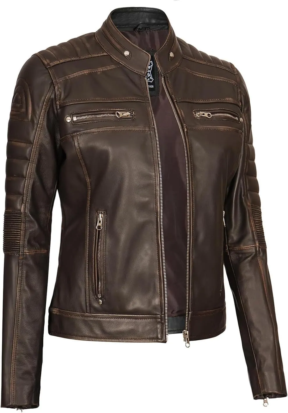 fjackets Real Leather Jacket Women - Cafe Racer Natural Grain Stand Collar Womens Leather Jackets