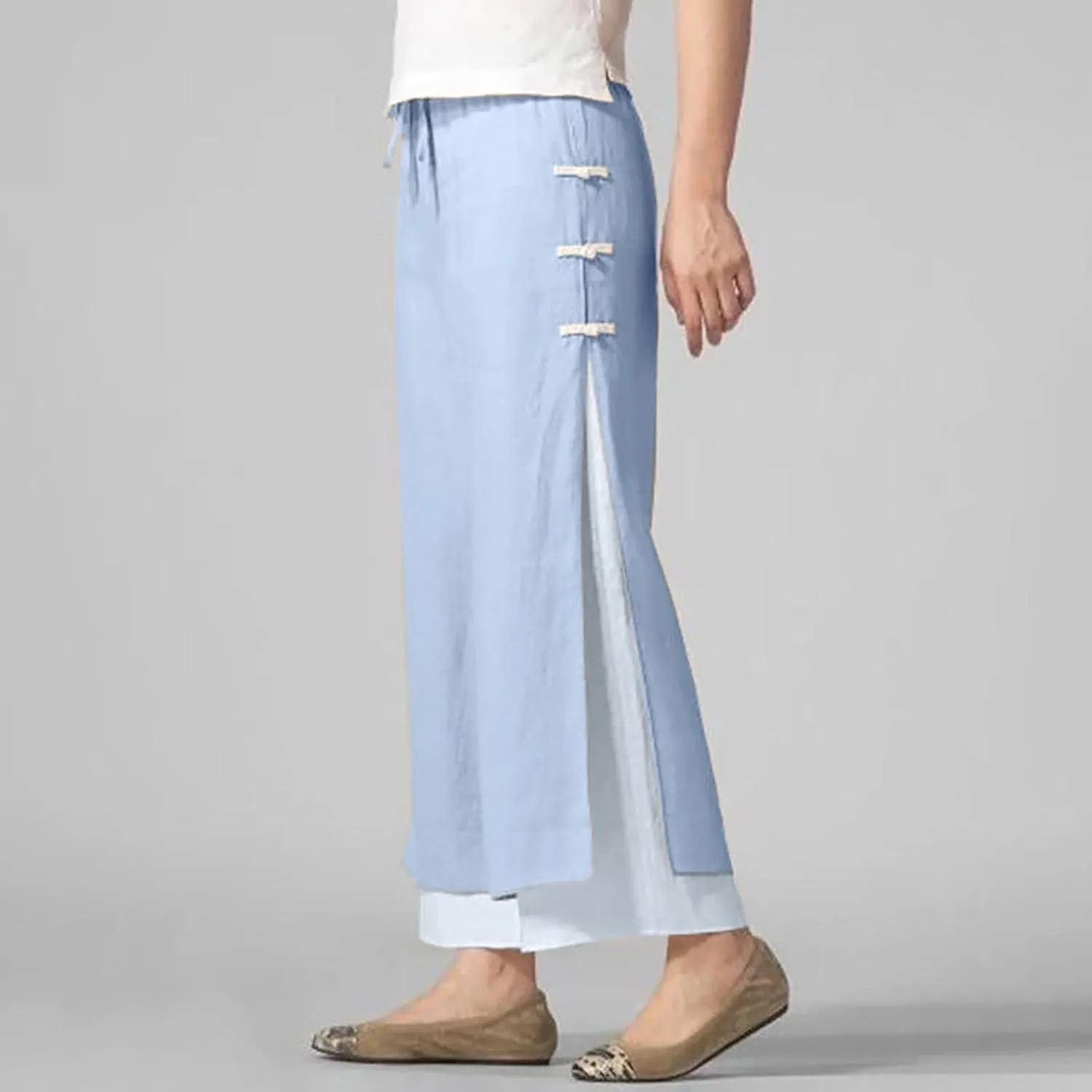 Flowy Pants for Women Shorts Daisy Fashion Print Pocket Wide Leg Button Loose Pants Linen Set for Women Outfits for