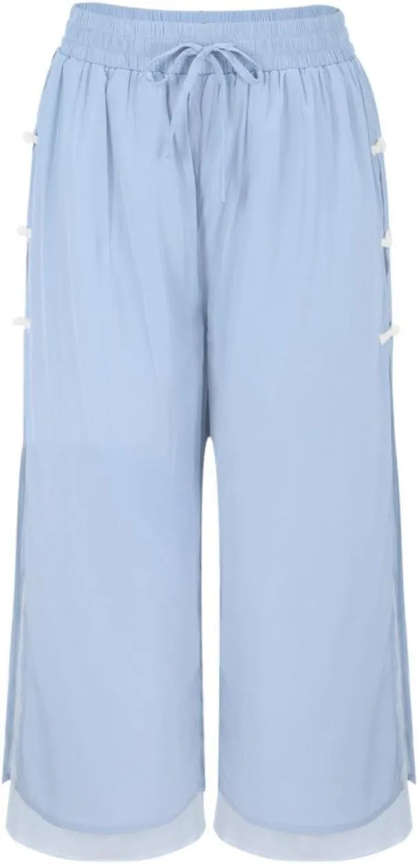 Flowy Pants for Women Shorts Daisy Fashion Print Pocket Wide Leg Button Loose Pants Linen Set for Women Outfits for