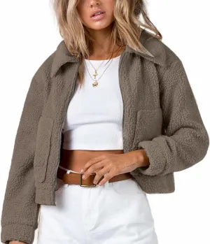Flygo Womens Cropped Zip Up Lapel Shaggy Teddy Fleece Jacket Faux Fur Coat