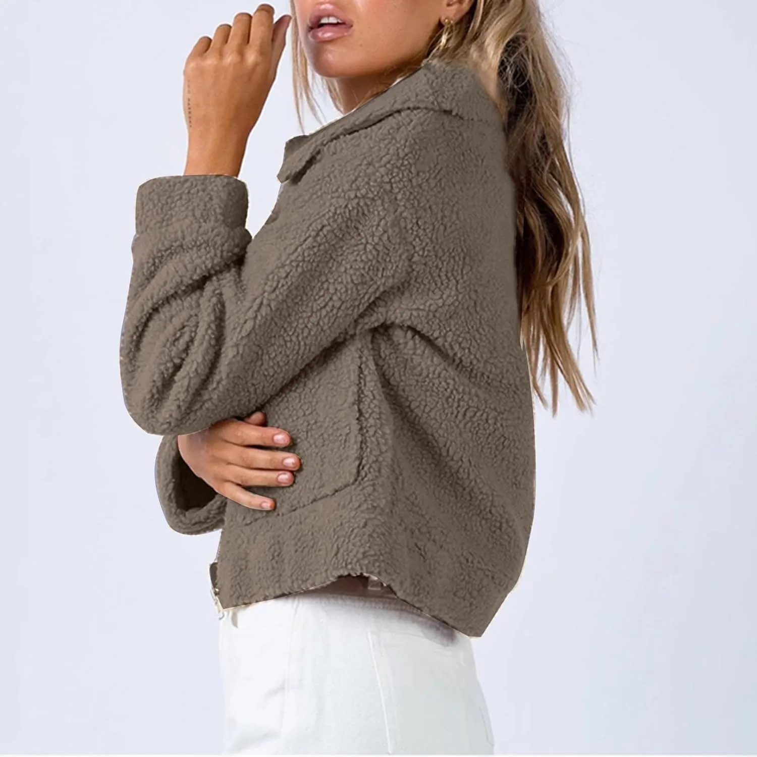Flygo Womens Cropped Zip Up Lapel Shaggy Teddy Fleece Jacket Faux Fur Coat
