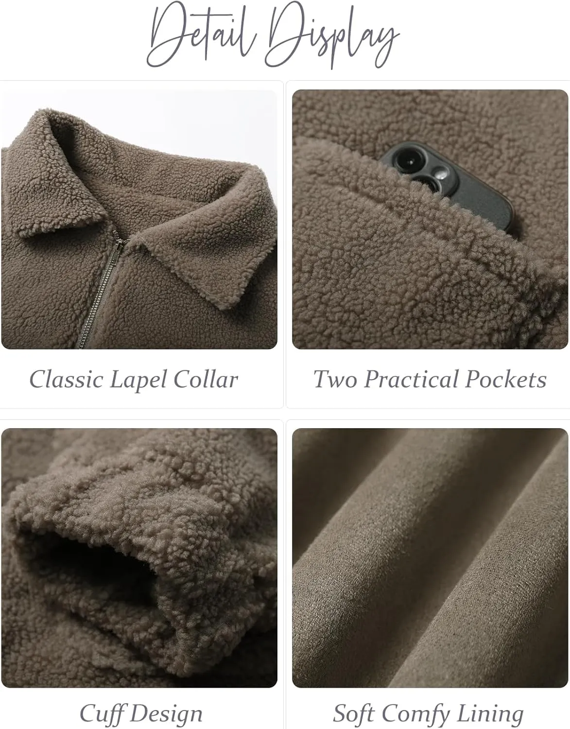 Flygo Womens Cropped Zip Up Lapel Shaggy Teddy Fleece Jacket Faux Fur Coat
