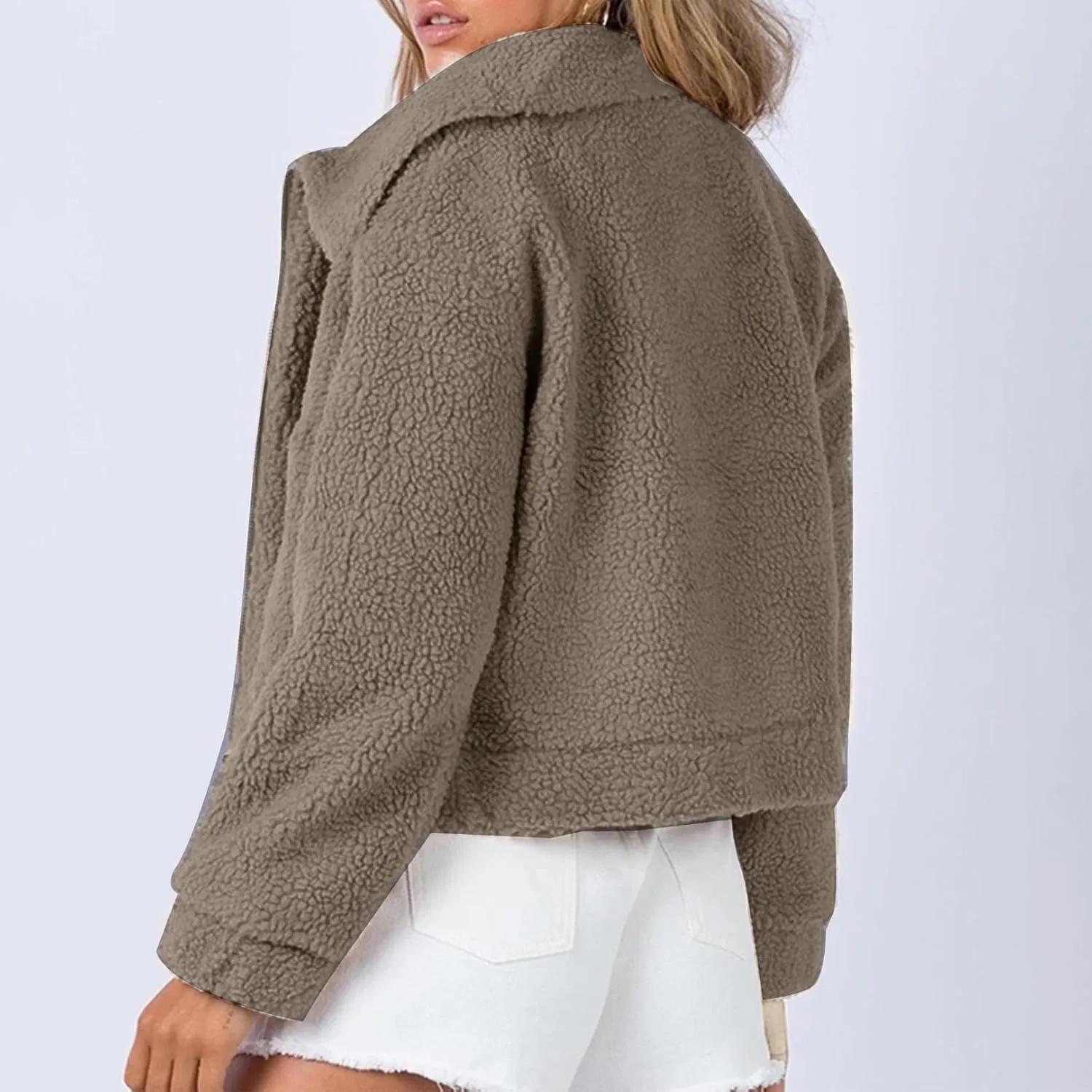 Flygo Womens Cropped Zip Up Lapel Shaggy Teddy Fleece Jacket Faux Fur Coat
