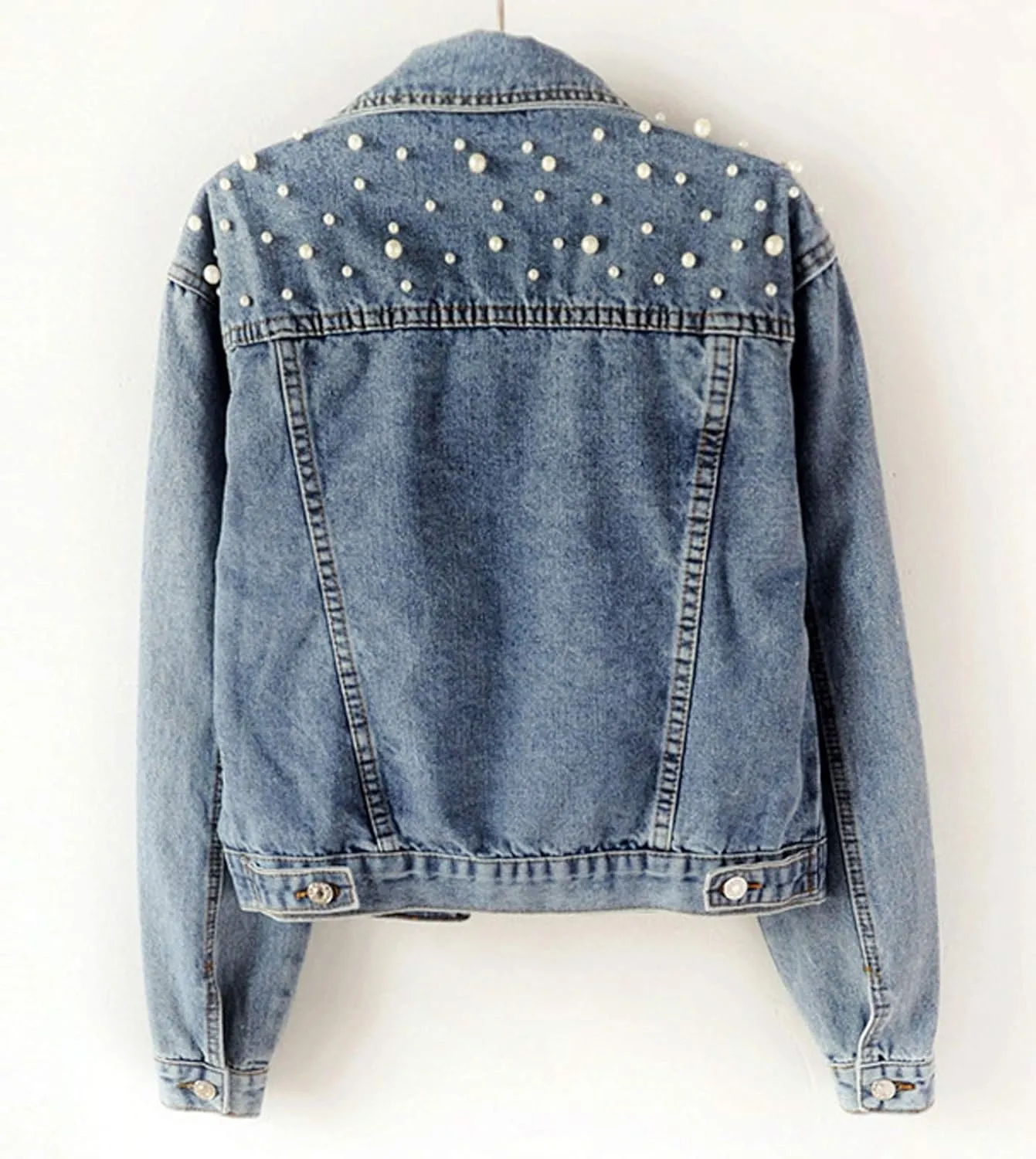 Flygo Women's Denim Trucker Jacket Distressed Beaded Pearls Button Down Jean Coat