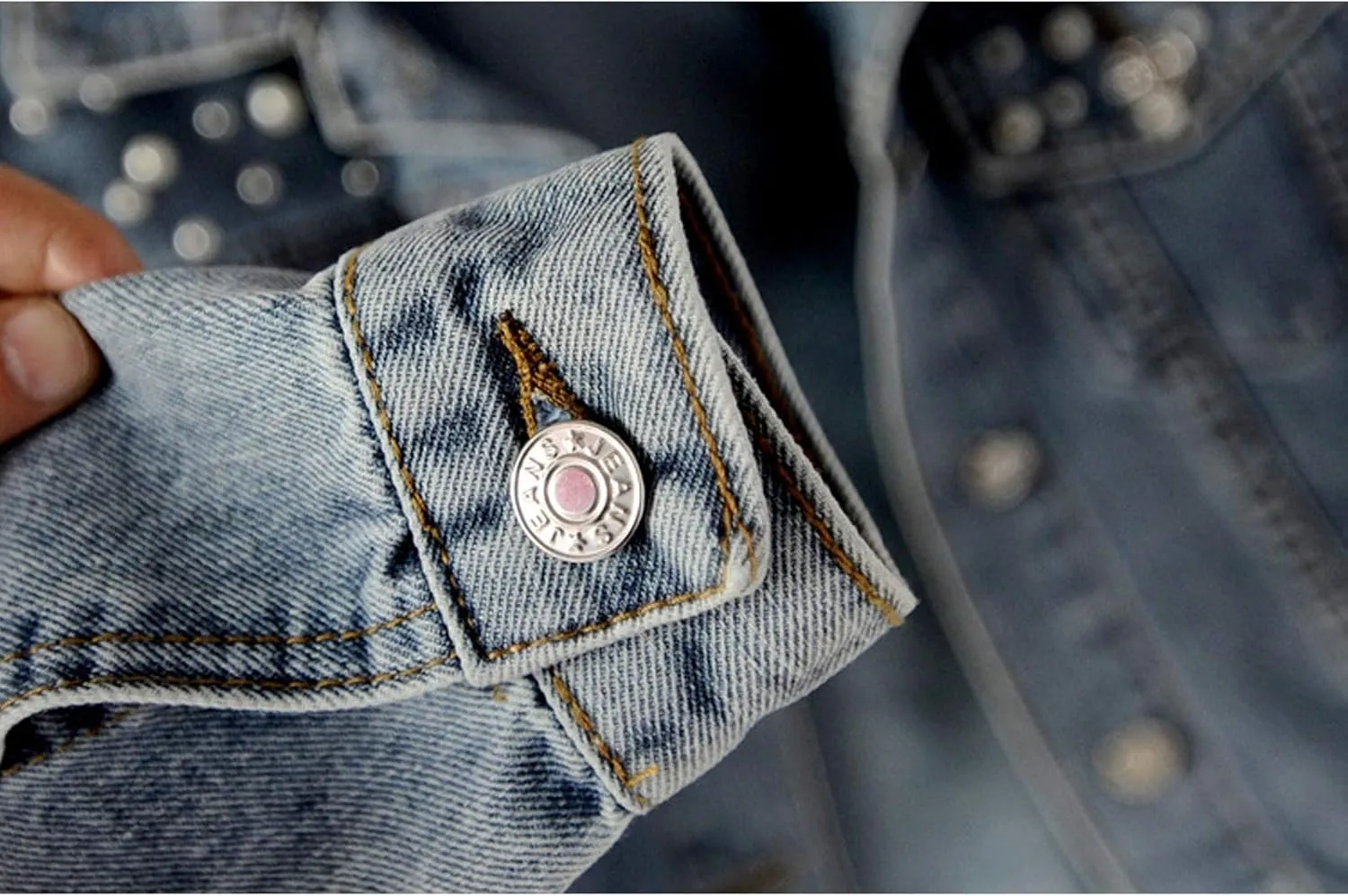 Flygo Women's Denim Trucker Jacket Distressed Beaded Pearls Button Down Jean Coat