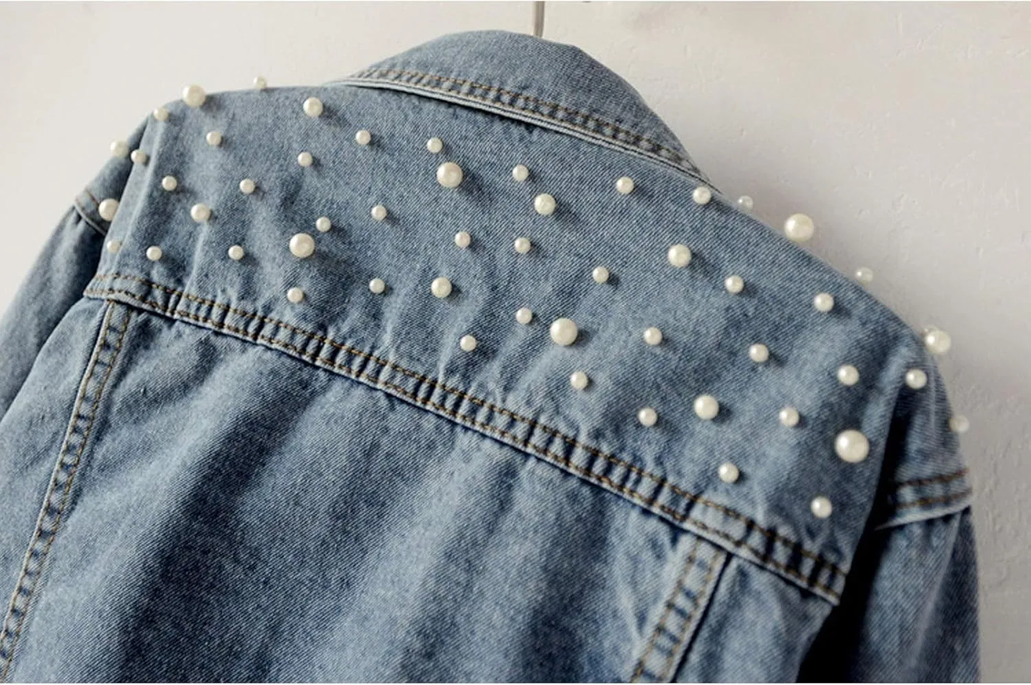 Flygo Women's Denim Trucker Jacket Distressed Beaded Pearls Button Down Jean Coat