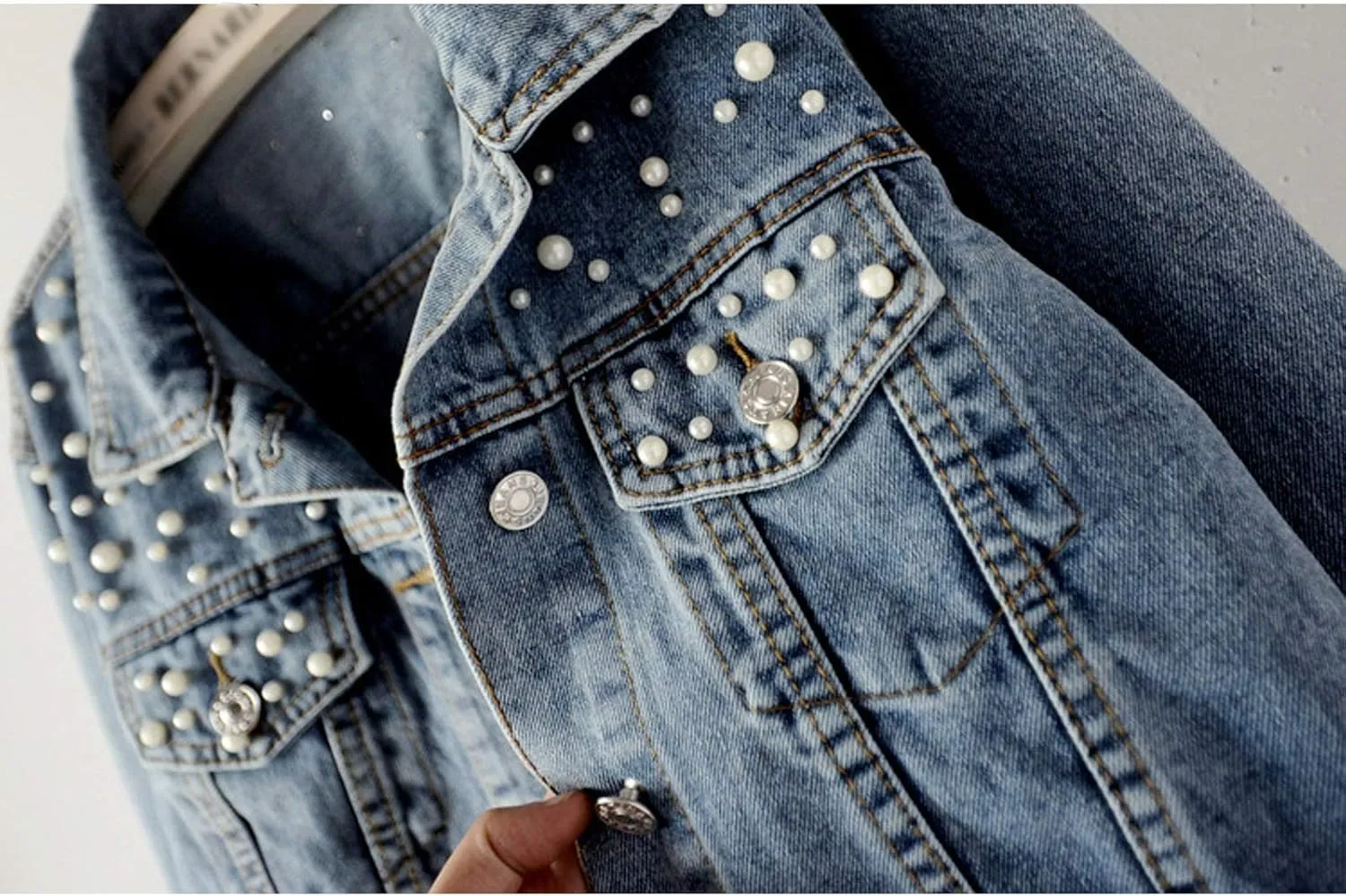 Flygo Women's Denim Trucker Jacket Distressed Beaded Pearls Button Down Jean Coat