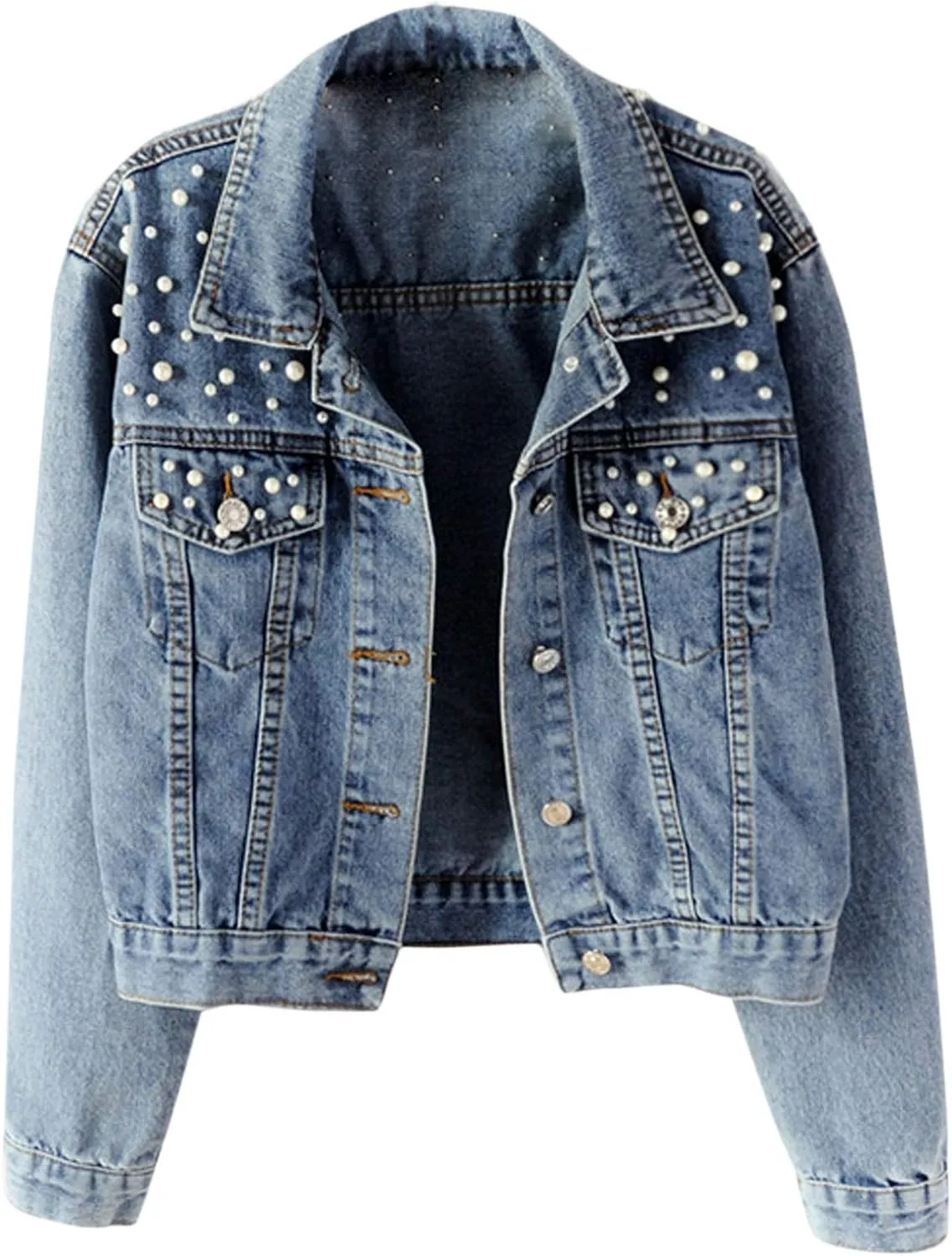 Flygo Women's Denim Trucker Jacket Distressed Beaded Pearls Button Down Jean Coat