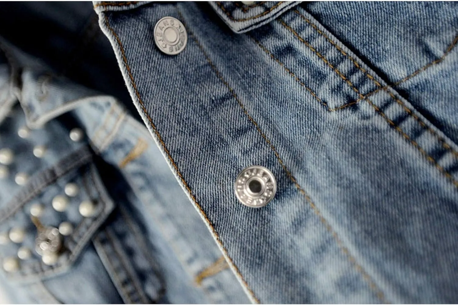 Flygo Women's Denim Trucker Jacket Distressed Beaded Pearls Button Down Jean Coat