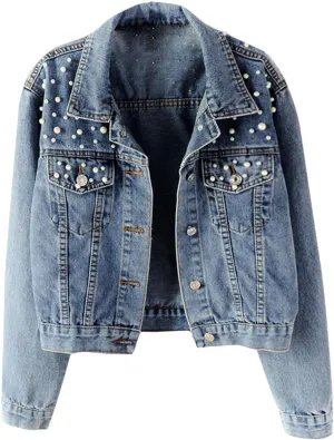 Flygo Women's Denim Trucker Jacket Distressed Beaded Pearls Button Down Jean Coat