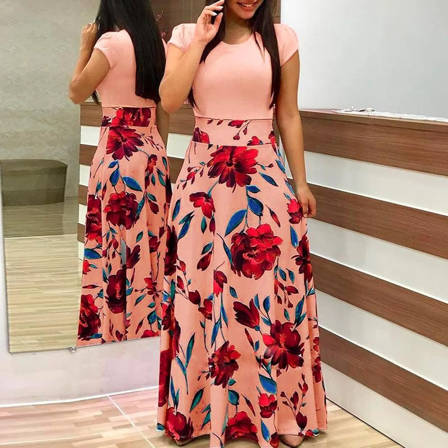 FQZWONG Women's Summer Casual Maxi Dress Blue Size Large High Waisted Flowy Prom Party Dress