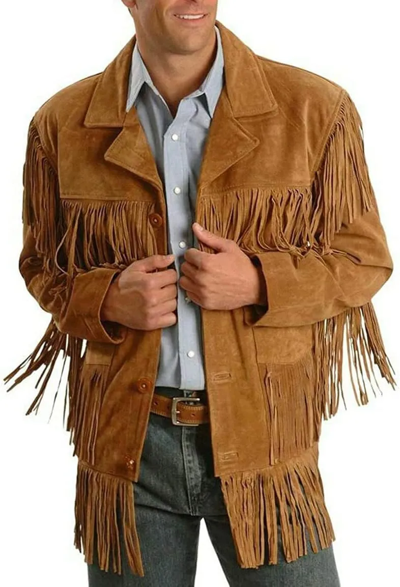 Fringe Jacket Men - Brown Western Cowboy Indian Leather Native American Suede Jacket Men