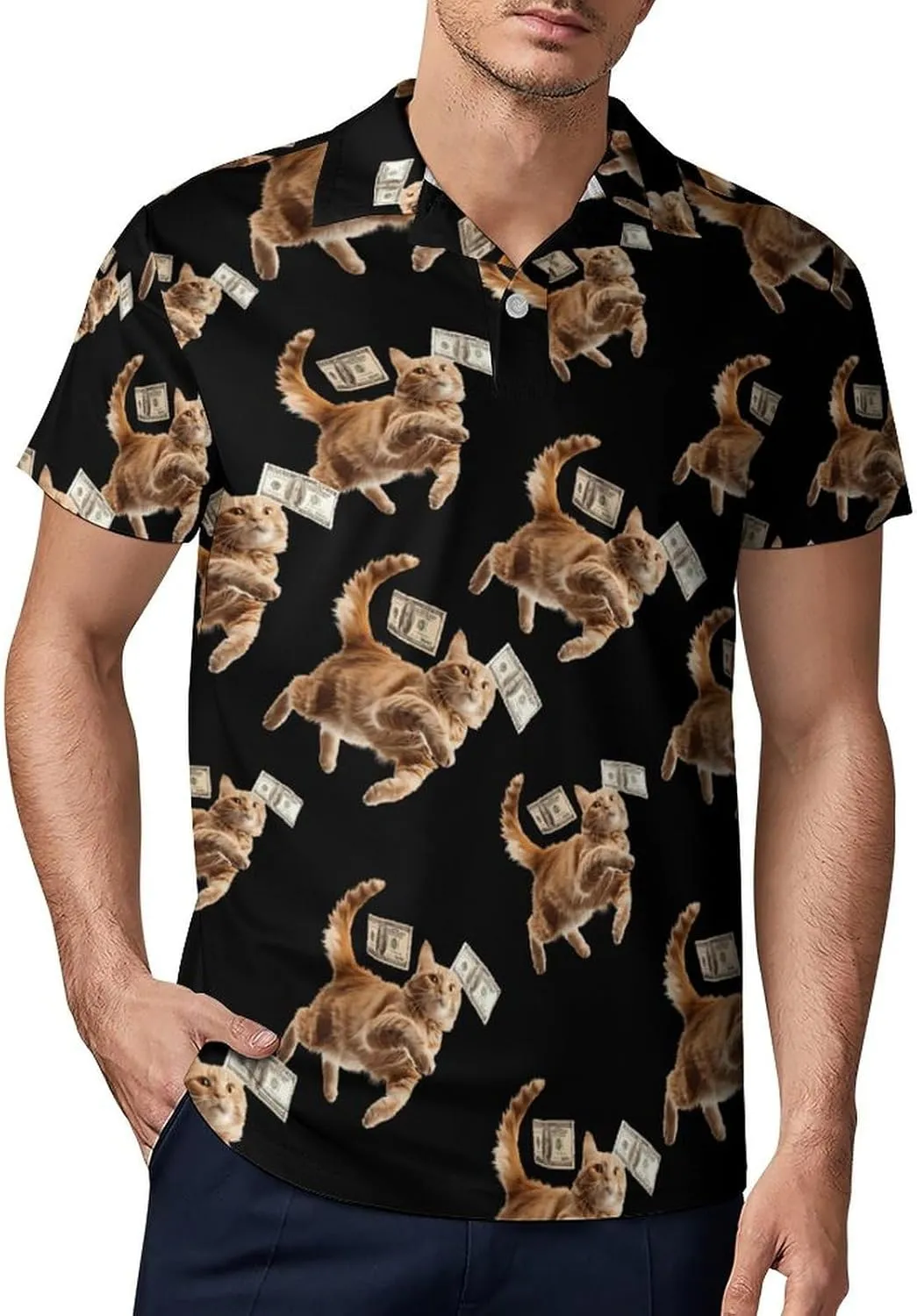 Funny Cat Grab 100 Dollar Men's Polo Shirt Short Sleeve Casual Athletic Quick Dry Golf T-Shirts