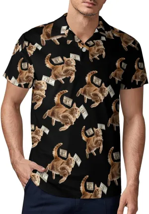 Funny Cat Grab 100 Dollar Men's Polo Shirt Short Sleeve Casual Athletic Quick Dry Golf T-Shirts