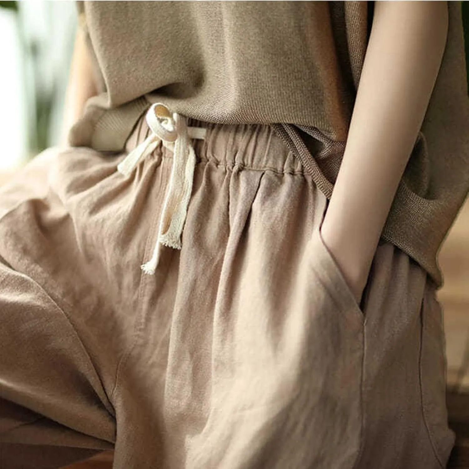 FZYLQY Cotton Linen Cropped Pants for Women Casual Straight Leg Drawstring Elastic Waist Capris Loose Lounge Trousers