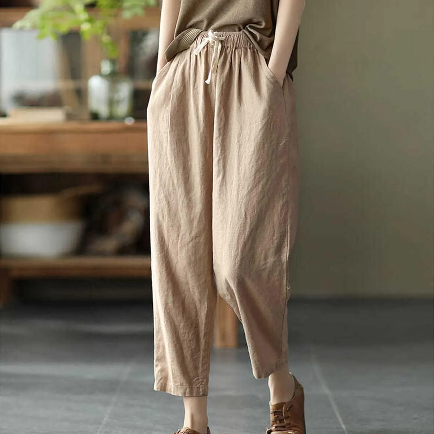 FZYLQY Cotton Linen Cropped Pants for Women Casual Straight Leg Drawstring Elastic Waist Capris Loose Lounge Trousers