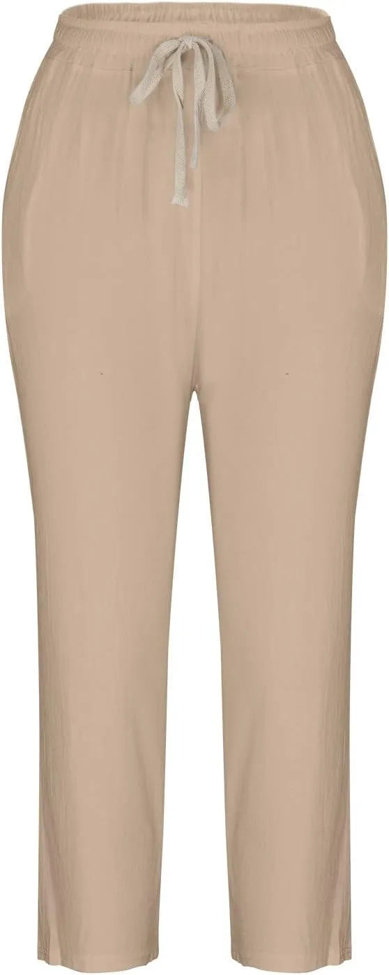 FZYLQY Cotton Linen Cropped Pants for Women Casual Straight Leg Drawstring Elastic Waist Capris Loose Lounge Trousers
