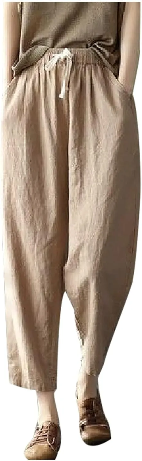 FZYLQY Cotton Linen Cropped Pants for Women Casual Straight Leg Drawstring Elastic Waist Capris Loose Lounge Trousers
