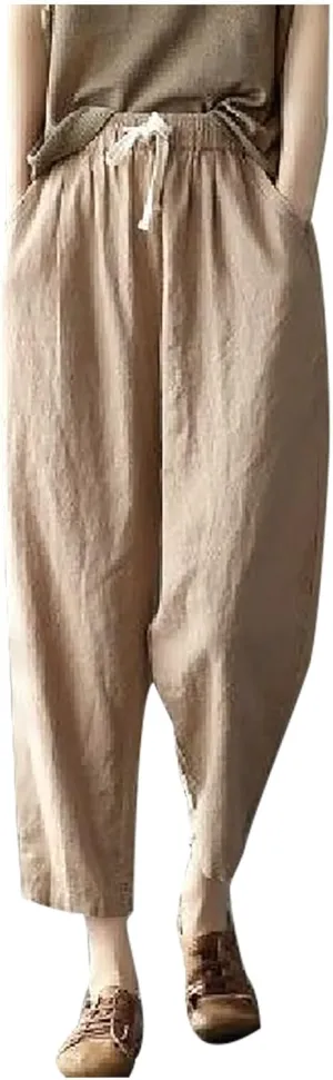 FZYLQY Cotton Linen Cropped Pants for Women Casual Straight Leg Drawstring Elastic Waist Capris Loose Lounge Trousers